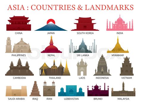 Asia Countries Landmarks Colorful Silhouette | Stock vector | Colourbox