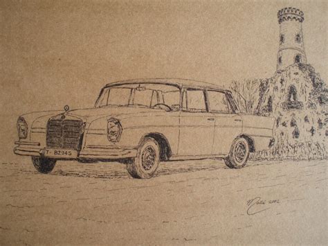 Mercedes Benz 300 SE W112 1961 pen ink drawing by Joan Mañe All