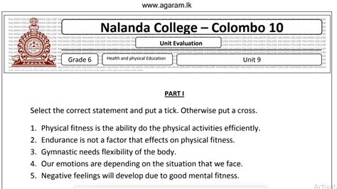 Health And Physical Education Unit Exam Paper 09 Grade 06