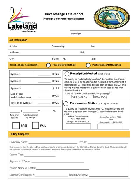 Fillable Online Duct Leakage Test Report City Of Lakeland Fax Email