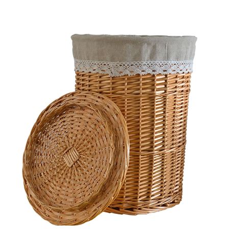 Rurality Round Wicker Laundry Basket With Lid And Linen Linermedium