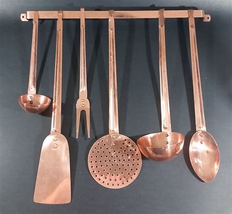 Vintage Copper Kitchen Utensil Piece Set Including Wall Hanging Bar