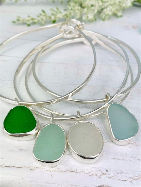 Sea Glass Bracelet Genuine Sea Glass Jewelry Sea Glass Etsy Silver Bangle Bracelets Sterling