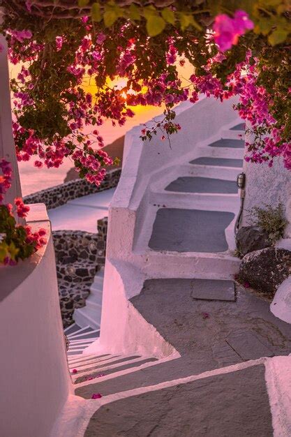 Hermosa Puesta De Sol En Oia Santorini Grecia Escalones Blancos Bajo Un