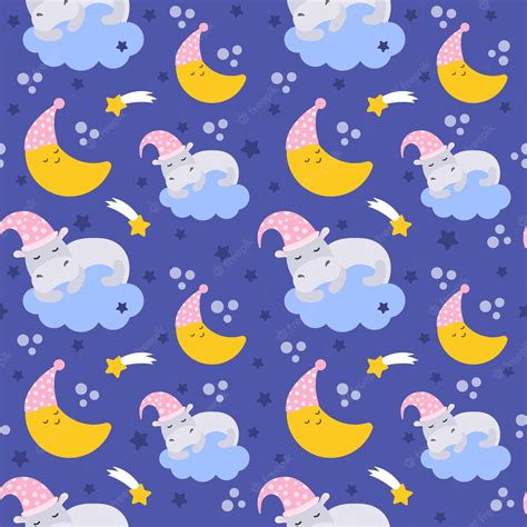 Premium Vector Seamless Pattern Cute Hippopotamus Sleeps On A Cloud