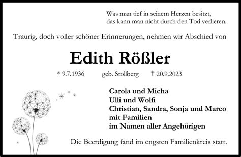 Traueranzeigen von Edith Rößler trauer nn de