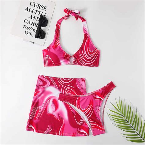 Fission Swimsuit 2025 Fashion Luxury Hang A Neck Printing Three Piece Bikini Short Skirt