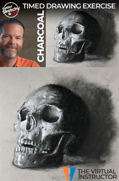 Charcoal Drawing Of A Skull On Gray Paper Timed Drawing Exercise