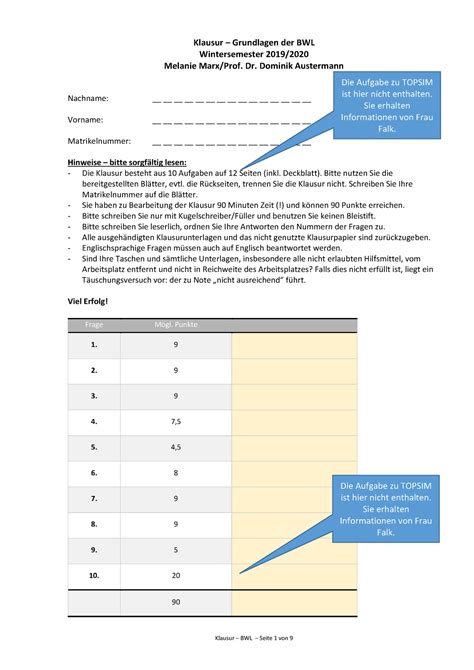 Altklausur BWL Basics Klausur Grundlagen Der BWL Wintersemester