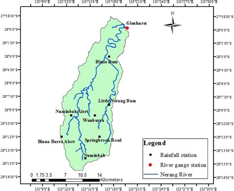 Map of the Nerang River Basin, showing the Nerang River, seven rainfall ...