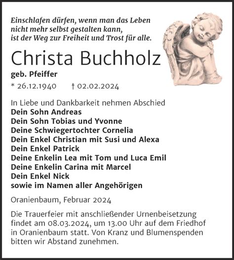 Traueranzeigen Von Christa Buchholz Abschied Nehmen De