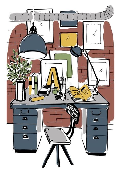 Modern Workplace Interior In Loft Style Workspace Hand Drawn Colorful