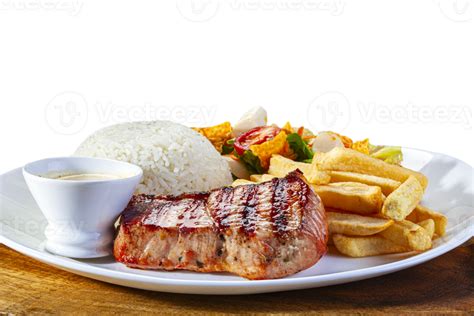 Grilled Pork Steak With Rice French Fries And Salad 41486693 Png