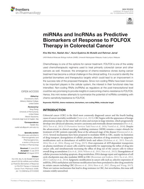 Pdf Mirnas And Lncrnas As Predictive Biomarkers Of Response To Folfox