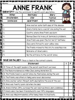 Anne Frank Biography Reading Comprehension Worksheet And Sequencing