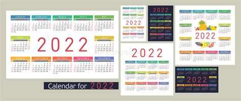 Calendar Year English Colorful Vector Set Horizontal Vertical