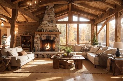 Premium Ai Image Rustic Charm Cozy Countryside Cabin Living Room