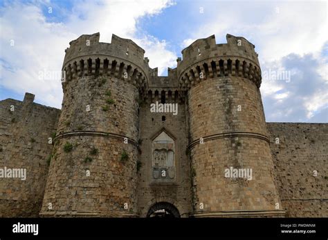 Rhodes Castle, Medieval walls surrounding the old city of Rhodes. The ...