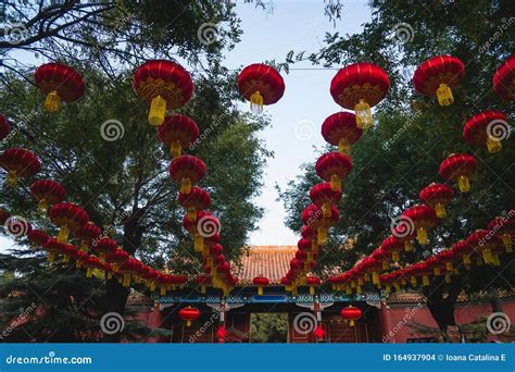 Beijing China October 27 2019 Street With Traditional Chinese Lamps