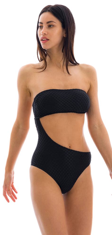 Traje De Baño Bandeau De Una Pieza Asimétrico Negro En Relieve Body