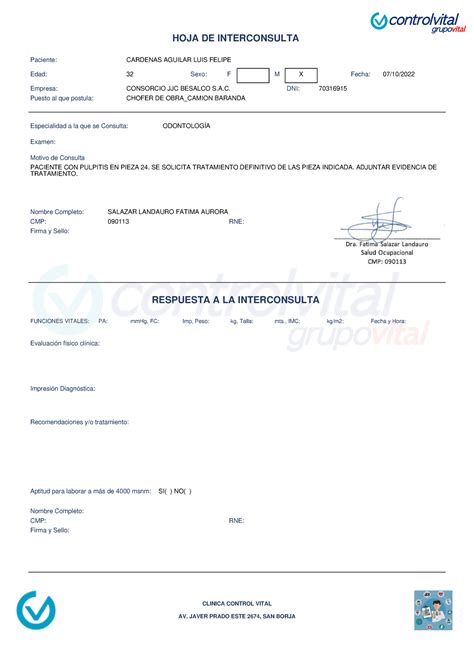 70316915 M Interconsulta Odontología HOJA DE INTERCONSULTA RESPUESTA