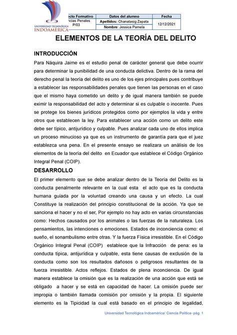 Ensayo Elementos DE LA Teoría DEL Delito Ciencias Penales P 03