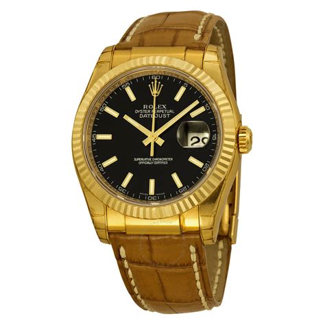 Rolex Datejust Black Dial 18kt Yellow Gold Brown Leather Strap Men S