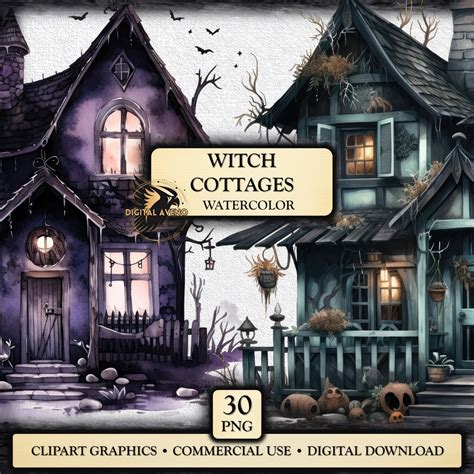 Watercolor Witch Cottages Clipart 30 Png Images Halloween Etsy