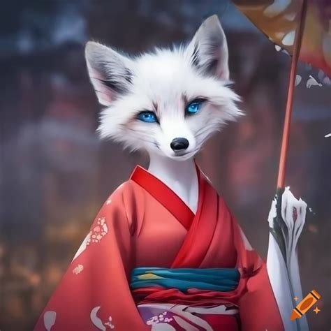 Striking White Fox In A Red Kimono On Craiyon