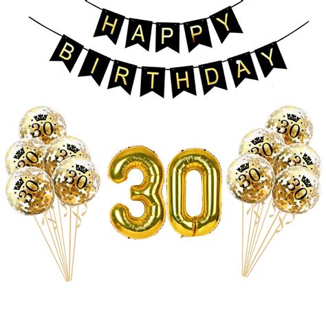 30th Birthday Party Decoration Kit For Adults Happy Birthday Banner Gold 30 Foil Digit Balons ...