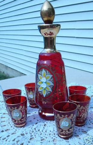 Bohemian Glass Decanter Set Cordial Glasses Dark Red