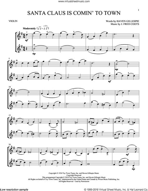 Santa Claus Is Comin To Town Sheet Music For Two Violins Duets