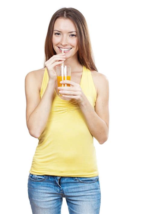 Beautiful Brunette Woman Holding Glass Of Juice Stock Image Image Of