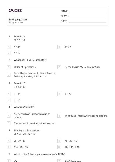 50 Solving Equations Worksheets For 6th Grade On Quizizz Free