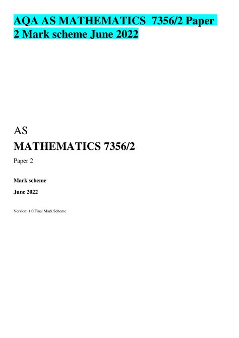 Aqa As Mathematics Paper Mark Scheme June Version