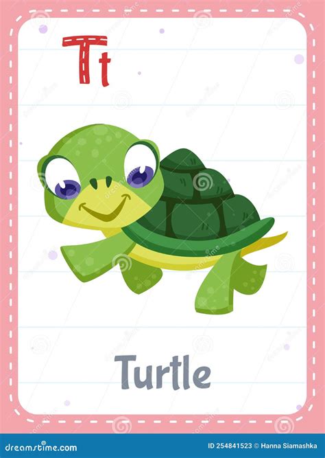 Alphabet Printable Flashcard With Letter T And Turtle Animal Stock