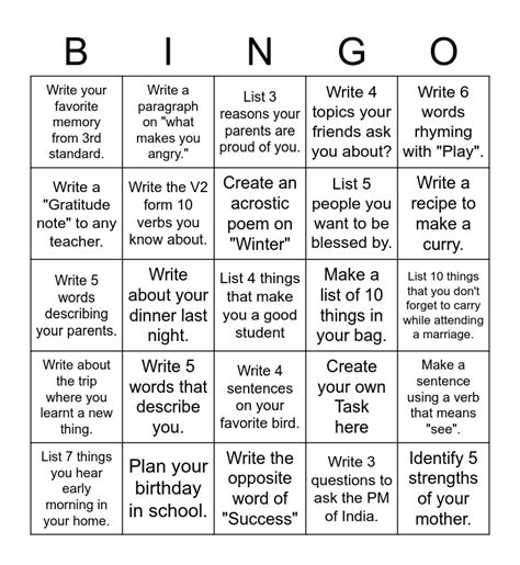 Writing Bingo Card