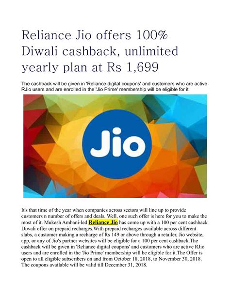 PPT Reliance Jio Offers 100 Diwali Cashback Unlimited Yearly Plan