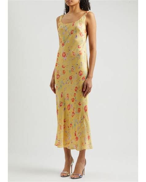 Rixo London Bondi Floral Print Satin Midi Slip Dress In Metallic Lyst