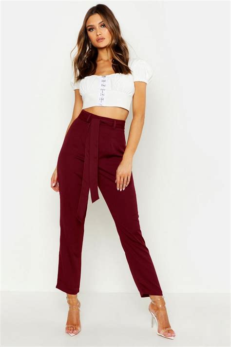 Tie Waist Woven Satin Slimline Pants Boohoo