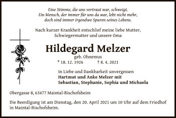 Traueranzeigen Von Hildegard Melzer Trauer Op Online De