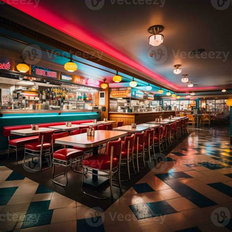 Retro vintage diner restaurant, interior design, stylish old fashioned ...