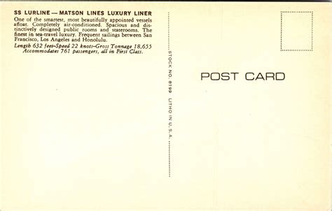 Ss Lurline Matson Lines Luxury Liner Ship Los Angeles Honolulu Hi