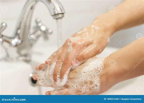 Wash Your Hands Washing Hands With Antibacterial Soap In Proper Technique On Background Of