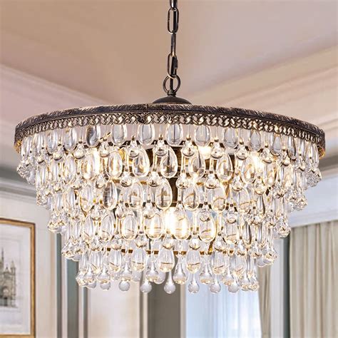 Wellmet Crystal Chandelier 6 Light 5 Tiers Farmhouse Bronze Ceiling