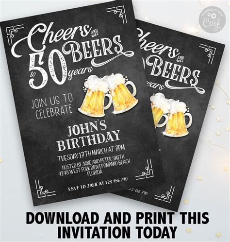 50th Cheers And Beers Birthday Invitation Chalkboard Editable Etsy Uk