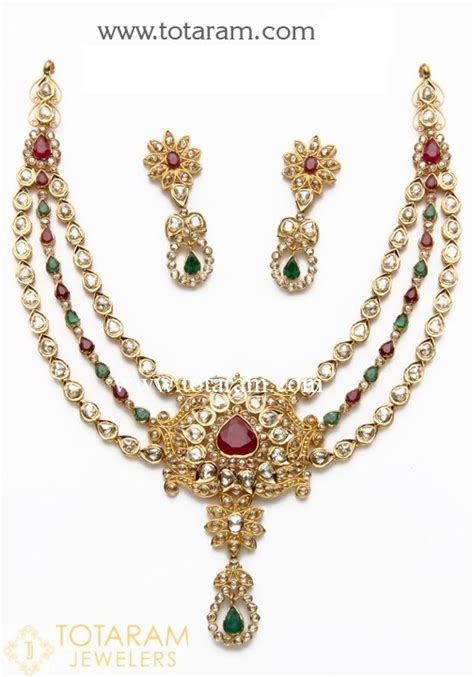 22K Gold Uncut Diamond Necklace Drop Earrings Set With Ruby Emerald