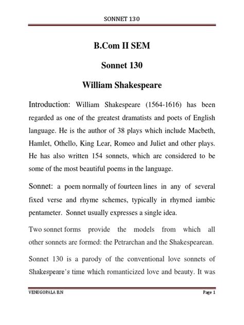 Sonnet 130 William Shakespeare | PDF | Rhetoric | British Poems