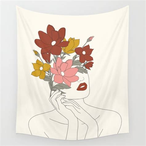 Colorful Thoughts Minimal Line Art Woman With Magnolia Wall Tapestry By