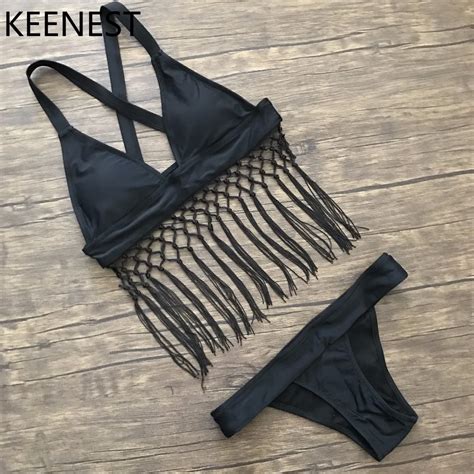 KEENEST Solid Swimsuit Women Fringe Tassel Bikini Top Bottom Low Waist